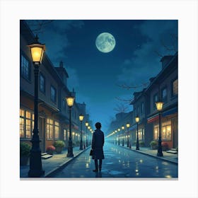 Keanu Reeves In A Peaceful Watercolor City At Night, Soft Lights Glowing Canvas Print