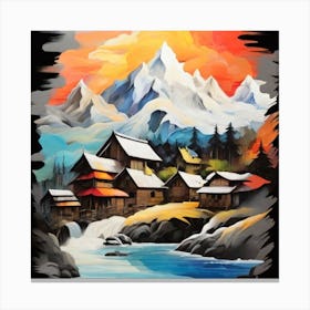 Abstract painting of a mountain village with snow falling 2 Canvas Print