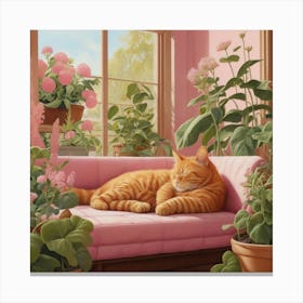 Default Napping Ginger Cat In Pink Garden Room Art 1 Canvas Print