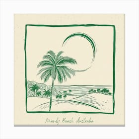 Manly Beach, Australia Green Line Art Illustration Canvas Print