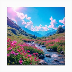 Pink Flowers In The Mountains, morning view of the river, blue sky , attracting view of AI art Canvas Print