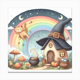 Witch House With Cat And Rainbow Canvas Print