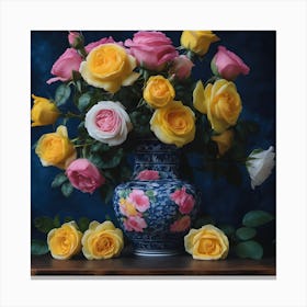 Deep Pink and Yellow Shrub Roses in Floral Pattern Vase Canvas Print