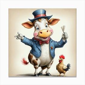 Cow And Rooster Canvas Print