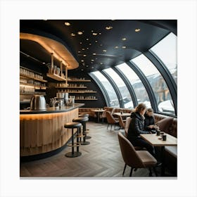 Futuristic Coffee Shop Decked In Nordic Style Within A Spaceship Gallery Showcasing A Panoramic View Canvas Print