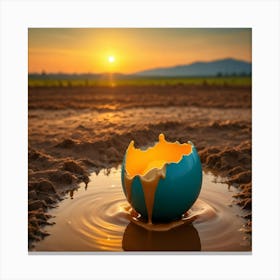 A Cracked Blue Egg With Glowing Yellow Yolk Spilling Out Sits In A Puddle Of Water On Brown, Cracked Earth Against A Sunset Sky Canvas Print