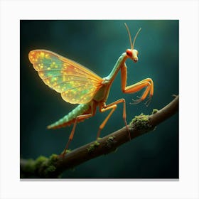 A Whimsical Mantis With Wings Of Shifting, Fractal Patterns Perched On A Glowing Branch Canvas Print