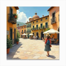 Spanish Woman In A Picturesque Plaza, Watercolor With Quaint Charm 1 Canvas Print