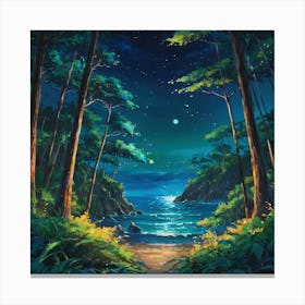 Moonlit Coastal View Through a Forest Path at Night Canvas Print