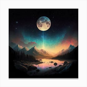 An enchanting and ethereal night sky over a tranquil landscape, featuring a silhouetted mountain range against the backdrop of a celestial display of stars and the soft glow of the moon. This captivating image can be used as wall art to create a peaceful and dreamy atmosphere in homes Canvas Print