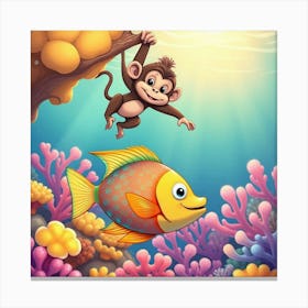 Monkey And Fish Under The Sea Canvas Print