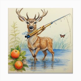 Deer With A Fishing Rod Trying To Catch 2 Canvas Print