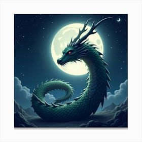 Celestial Dragon Spiraling Around A Glowing Moon In A Night Sky 1 Canvas Print