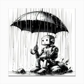 Robot Holding An Umbrella In The Rain, Ink Drawing 2 Canvas Print