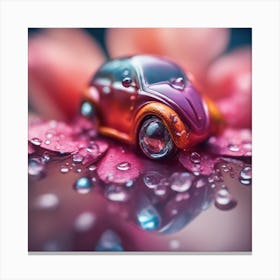 A Close Up Of A Delicate Car On A Vibrant Flower Petal, Showcasing Its Reflective Surface And Intric Canvas Print