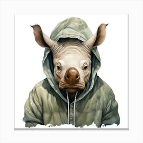 Watercolour Cartoon Rhinoceros In A Hoodie Canvas Print