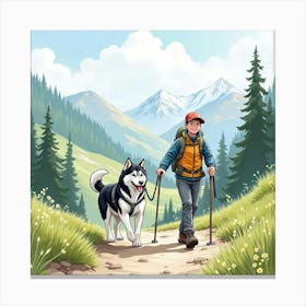 A Siberian Husky And A Teenager Hiking Together On A Mountain Trail, Watercolor Canvas Print