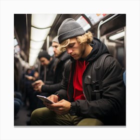 Young Man On Subway Looking At His Phone Canvas Print