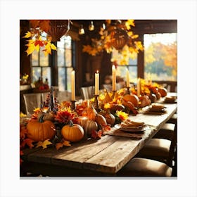 Autumn Table Decor Sprawling Across A Rustic Wooden Table Scattered Bright Orange Pumpkins Accompan (3) Canvas Print