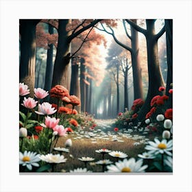 A magical forest scene with a path leading through trees and sunlight. Canvas Print