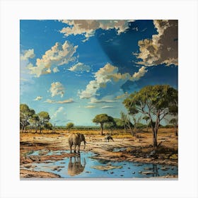 Elephants By The Waterhole Canvas Print