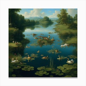 Masterpiece In Oil Painting Of A Lake With Ducks Canvas Print