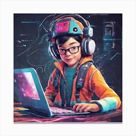 Boy With Headphones And A Laptop Canvas Print