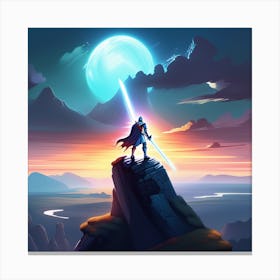 Fantasy Art: Knight Wielding A Glowing Sword Standing Atop A Cliff Canvas Print