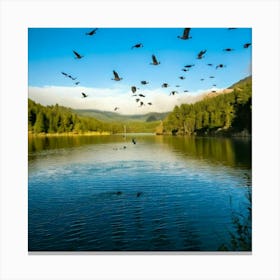 Firefly Canadian Geese Migrating Over A Serene Lake 20073 (2) Canvas Print