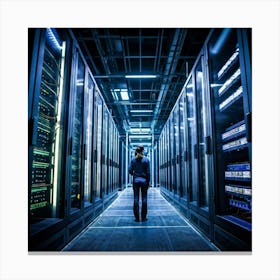 A Large Telecom Datacenter Interior Framed By Numerous Towering Server Racks No Human Presence The (1) Canvas Print