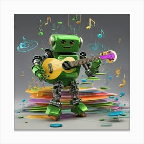 Green Robot Playing A Yellow Guitar Canvas Print