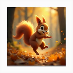 A Squirrel With Glowing Fur, Leaping Through An Autumn Forest With Golden Leaves Canvas Print