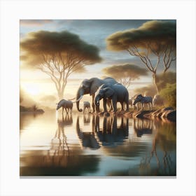 Elephants By The Water Canvas Print