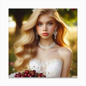 Beautiful Young Woman With A Bouquet Of Cherries Canvas Print