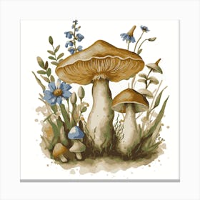 Mushrooms And Flowers, Delicate Watercolor Petals style. Canvas Print