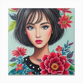 Asian Girl With Flowers Canvas Print