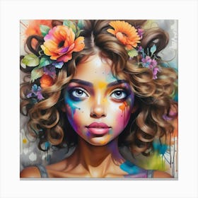 Colorful Girl With Flowers Canvas Print