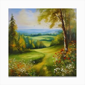 Landscape With Trees And Flowers.Canada's forests. Dirt path. Spring flowers. Forest trees. Artwork. Oil on canvas. 1 Canvas Print