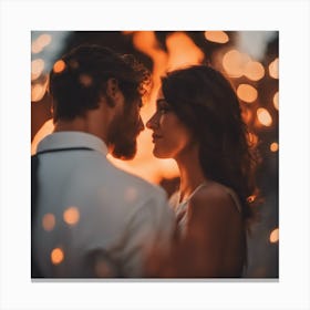 Couple Kissing In Front Of Fire Canvas Print