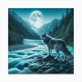 Wolf on the Moonlit River Canvas Print