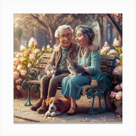 Old Couple Sitting On Park Bench Canvas Print
