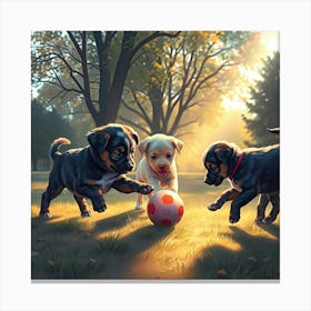 A Digital Painting Of Puppies Playing With A Ball In A Park Bathed In Iridescent Light, Reflecting Vibrant Colors Across The Scene Stampe su tela