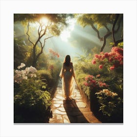 Woman In The Garden - Into the Garden: A woman in a flowing dress walking through a lush garden, with sunlight filtering through the trees and flowers blooming all around her. 1 Canvas Print