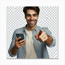 Happy Young Man Pointing At His Phone 1 Canvas Print