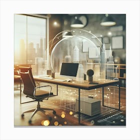 A Visual Representation Of A Modern Looking Office Desk In 3d With A Blurred Background Effect Called Bokeh Canvas Print