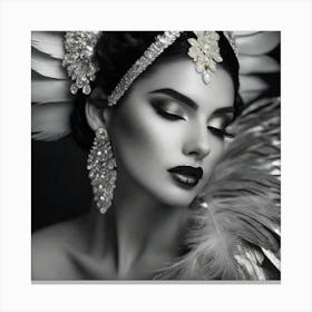 Black And White Portrait Of A Woman With Feathers Canvas Print