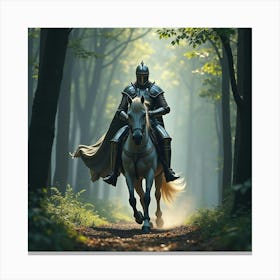 A Knight In Shining Armor Riding A Majestic Steed Through A Mystical Forest Canvas Print