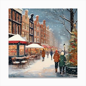 Amsterdam cafes, winter season, Christmas, pale colors, pedestrians in the street, winter clothes, falling snow.19 Canvas Print