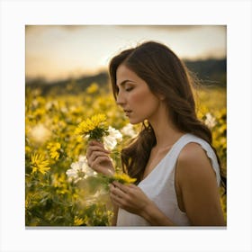 Beautiful Woman Smelling Flowers Canvas Print