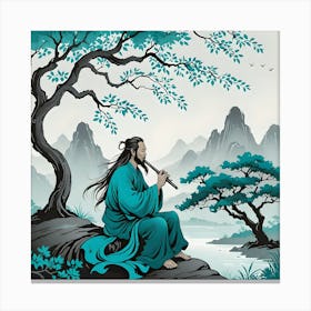 Chinese Landscape With Pied Piper Under A Tree, Gray And Turquoise Canvas Print